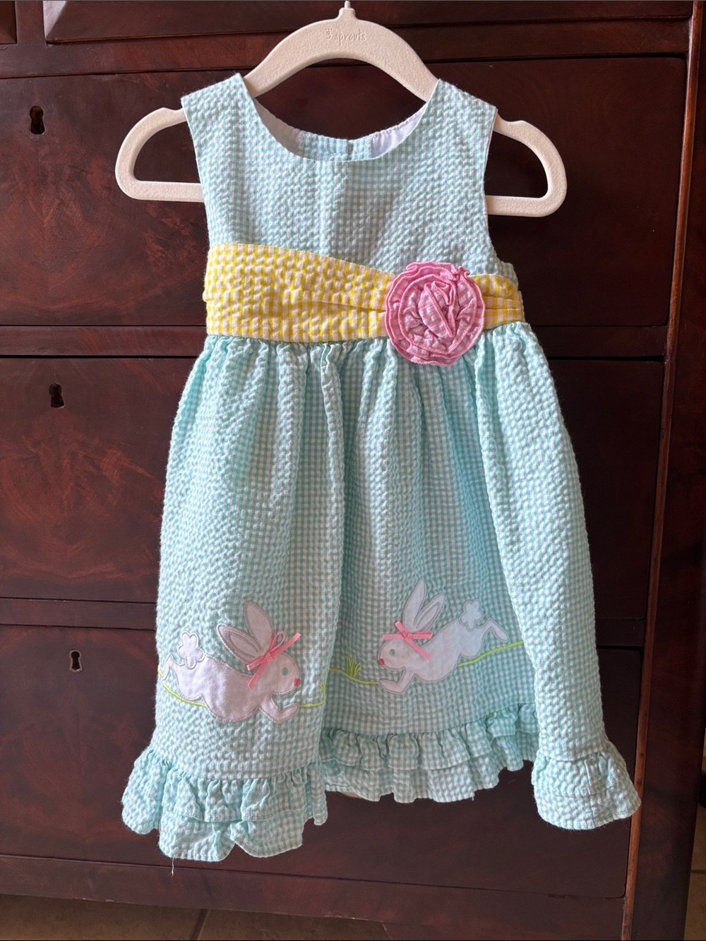 Good Lad Pale Mint Seersucker Dress with Yellow Sash and Pink Rosette